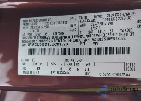 2018 Ford Escape Se z USA, uszkodzony, nr VIN 1FMCU9GD3JUC01590